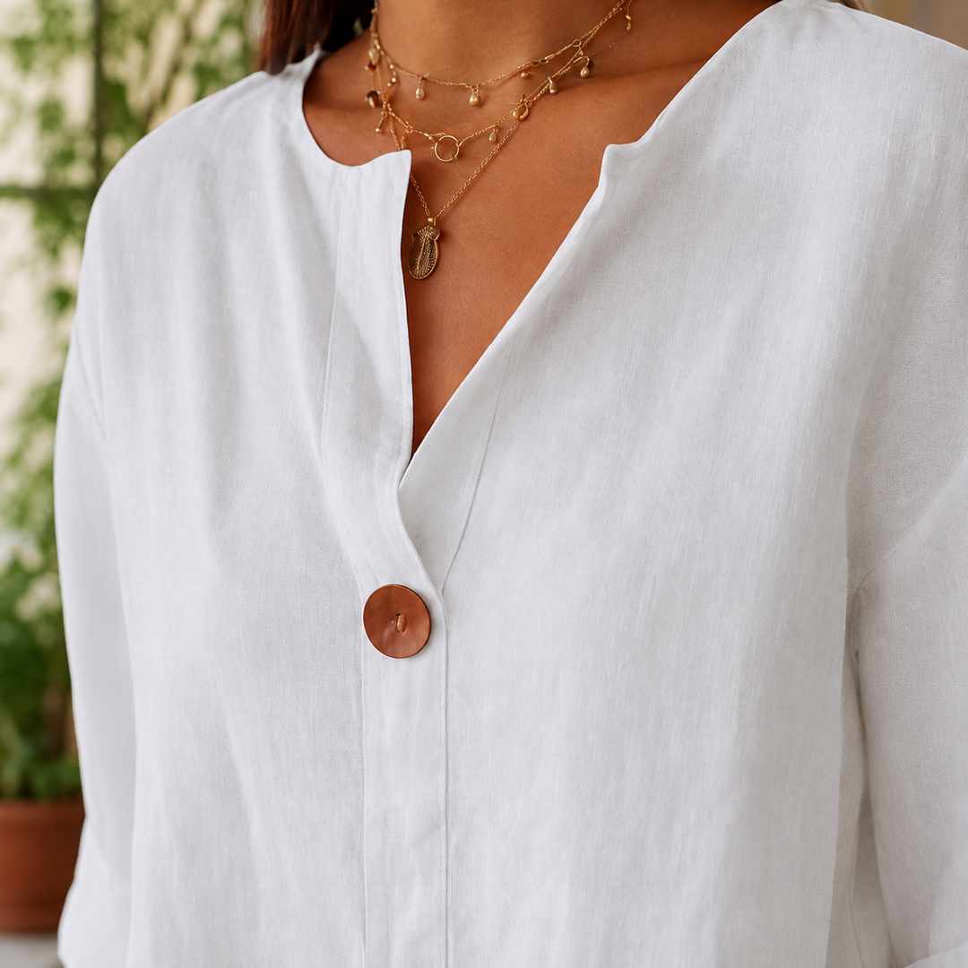 Women's Relaxed V-Neck Three-Quarter Sleeve Shirt Valencia – White – neckline detail