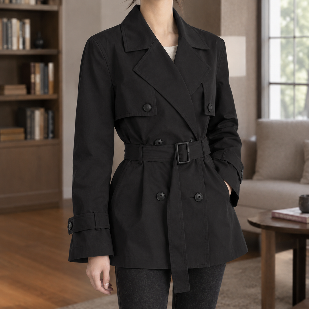 Brixham women's short trench jacket in Black – front view