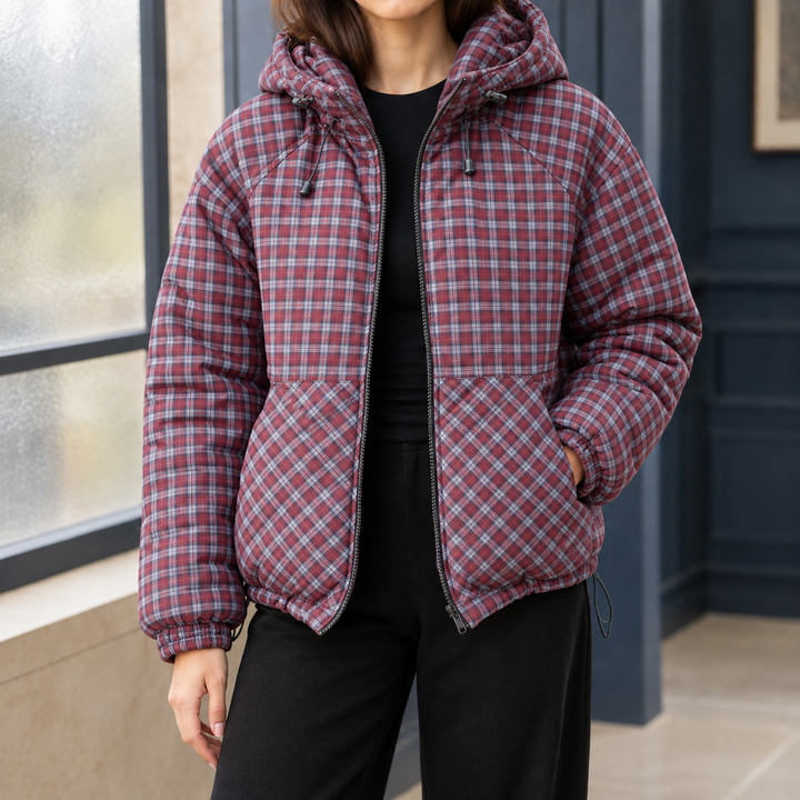 Criccieth women's hooded padded jacket in Red Check – front view