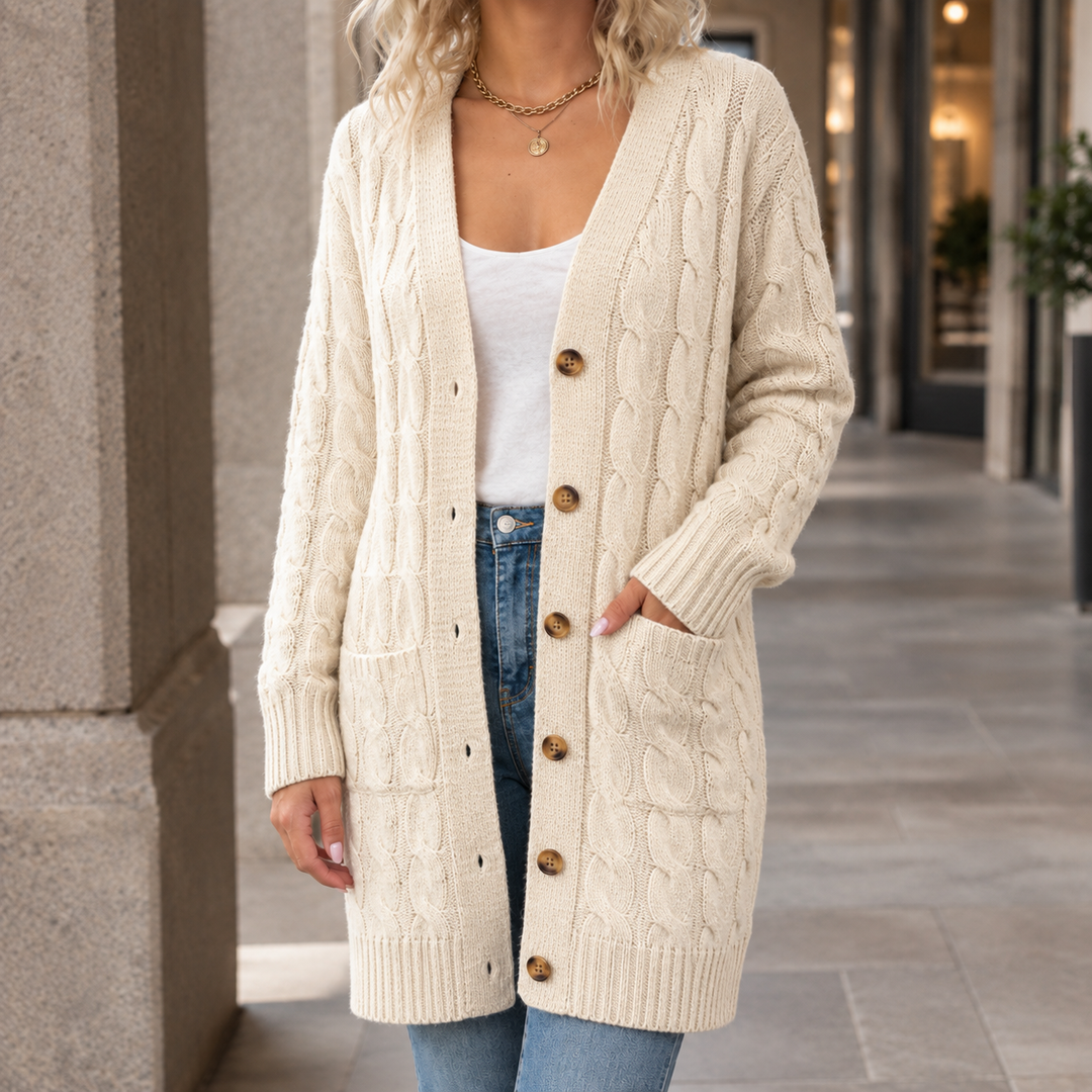 Theodosia - Women's cable knit cardigan in Ivory – alternate view