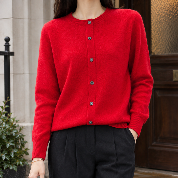 Women's wool-rich cardigan Paulette in Cherry Red – front view