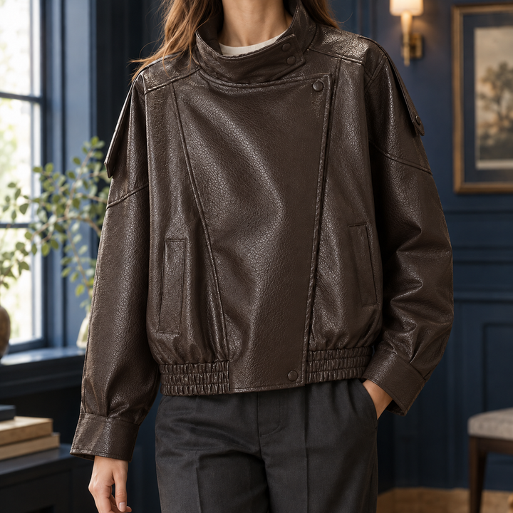 Seaford women's biker jacket in Chocolate – front view