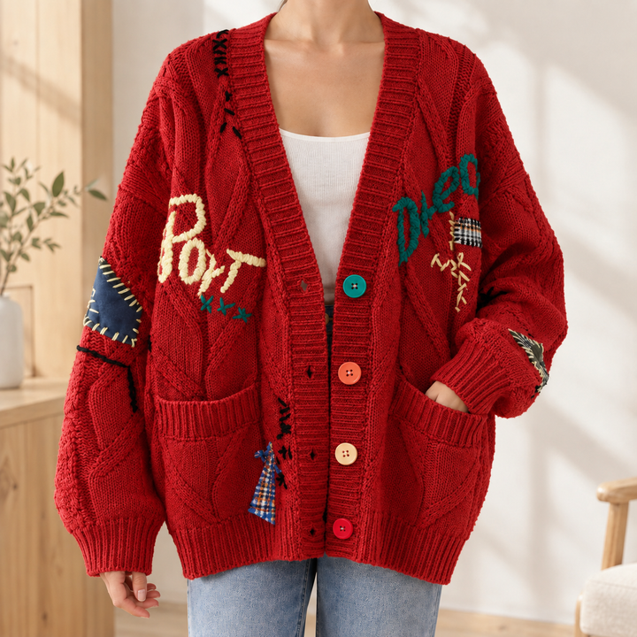 Women's Oversized Chunky Cable Knit Embroidered V-Neck Cardigan – Mabyn – Red – front view