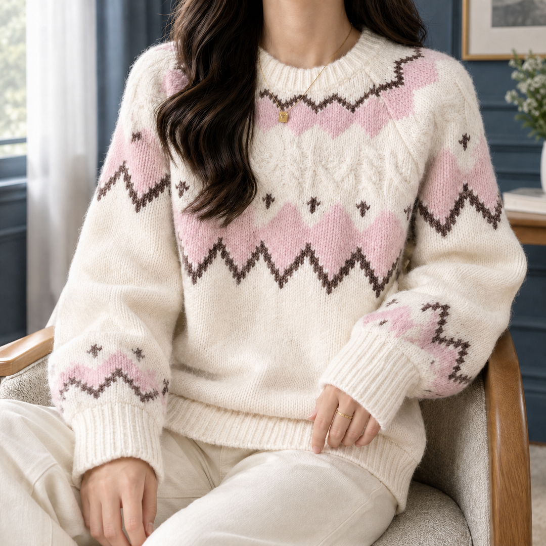Eunice - Women's Fair Isle jumper in Pink – front view