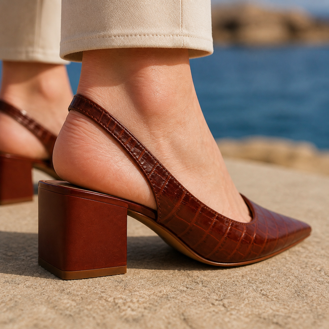 Women's Orthopaedic Croc-Embossed Slingback Block Heel Pumps Bellora – Brown – heel close-up