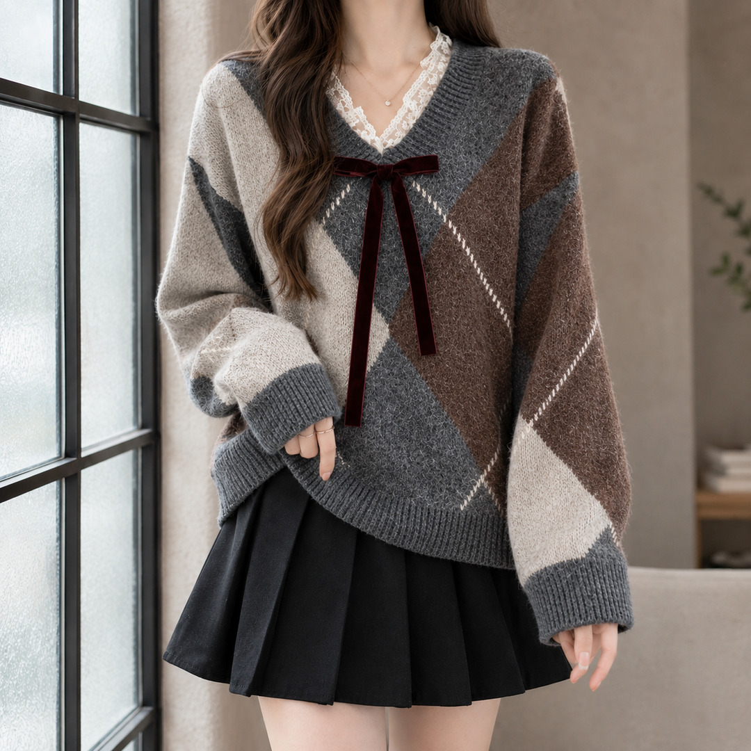 Women's Argyle V-Neck Jumper with Lace Trim and Bow – Averil – Grey – front view