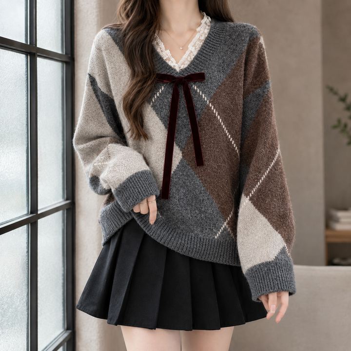 Women's Argyle V-Neck Jumper with Lace Trim and Bow – Averil – Grey – front view