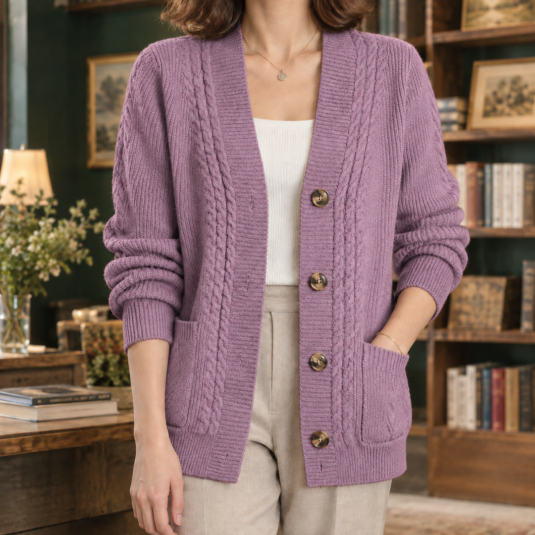 Women's cable knit cardigan Petula in Purple – alternate view