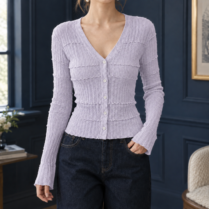 Women's Textured Rib V-Neck Button-Through Cardigan – Loveday – Lilac – front view