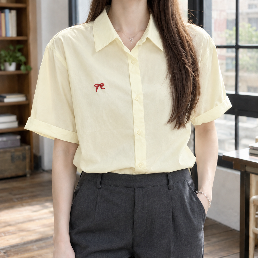 Women's Bow Embroidered Short Sleeve Shirt Honora – Yellow – front