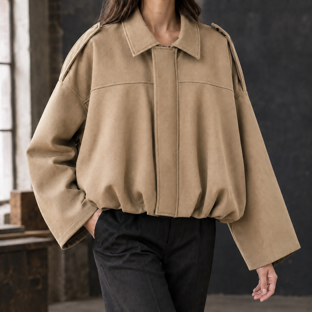 Maldon - Women's oversized bomber jacket in Camel – front view