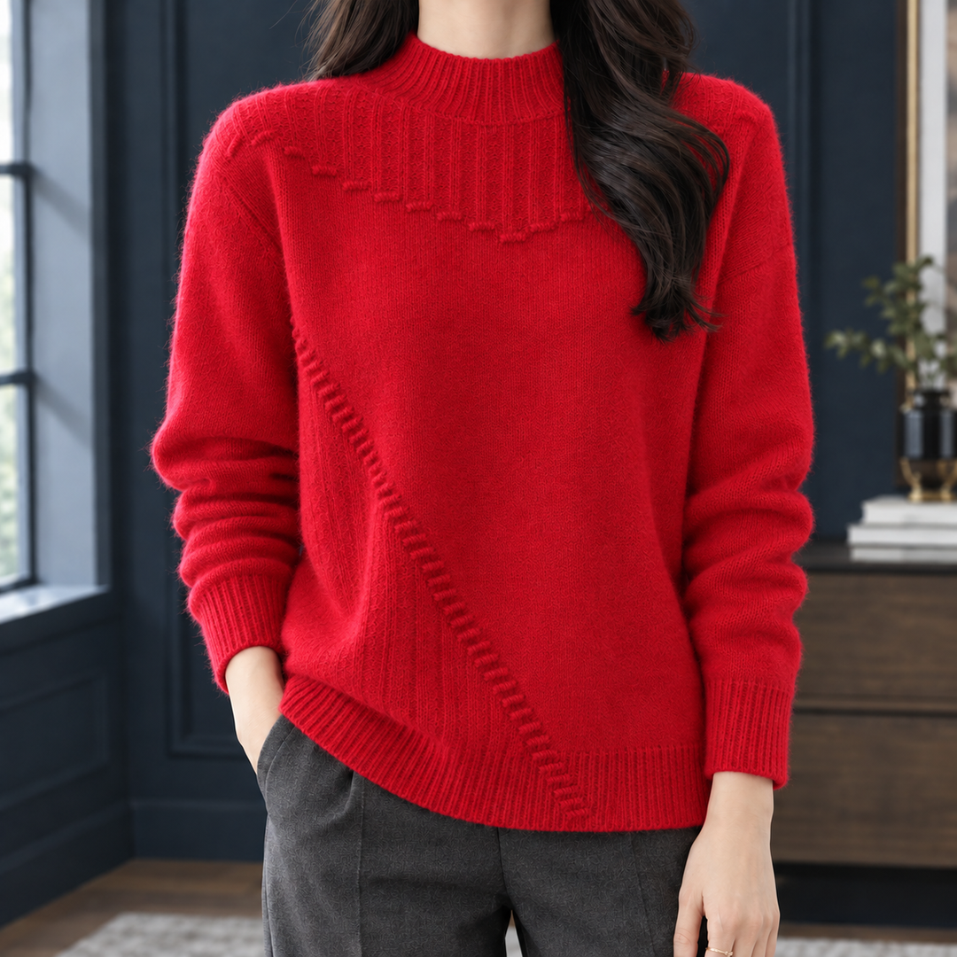 Women's Textured Yoke Mock Neck Jumper – Thora – Red – front view