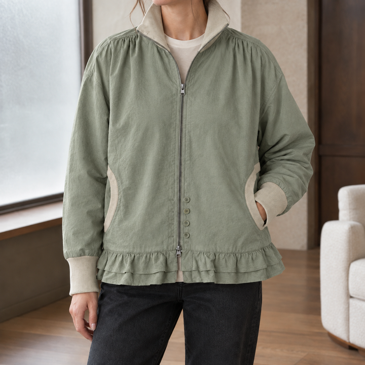 Langholm women's ruffle hem zip jacket in Sage Green – front view