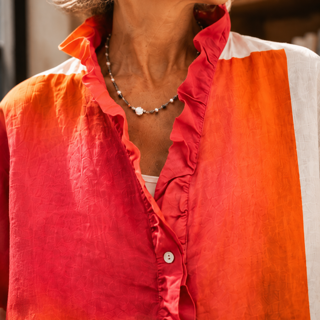 Women's Colour Block Ruffle Collar Oversized Shirt Wrenna – Orange Pink Multi – ruffle collar detail