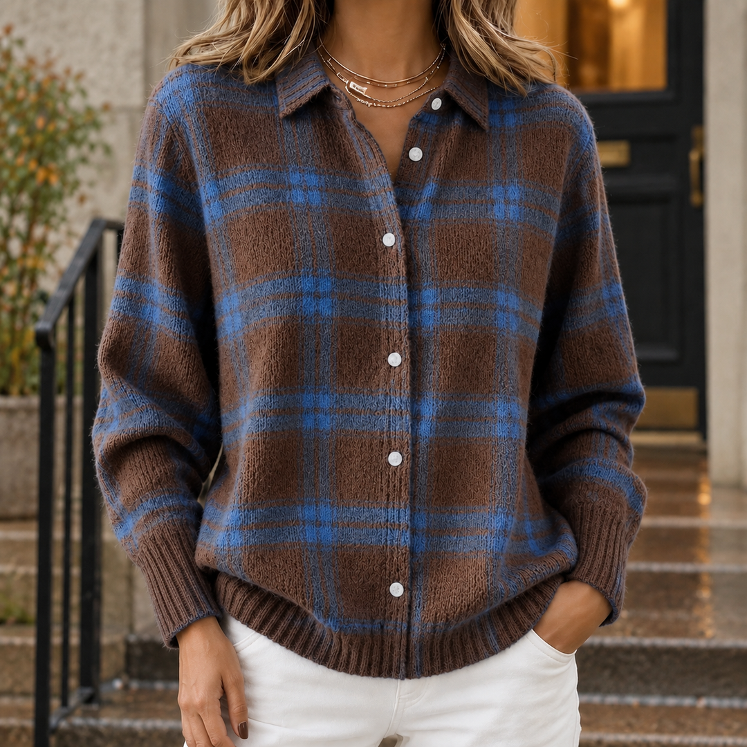 Women's Knitted Check Shacket with Ribbed Cuffs Solange – Brown & Blue Check – front