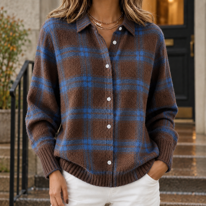 Women's Knitted Check Shacket with Ribbed Cuffs Solange – Brown & Blue Check – front