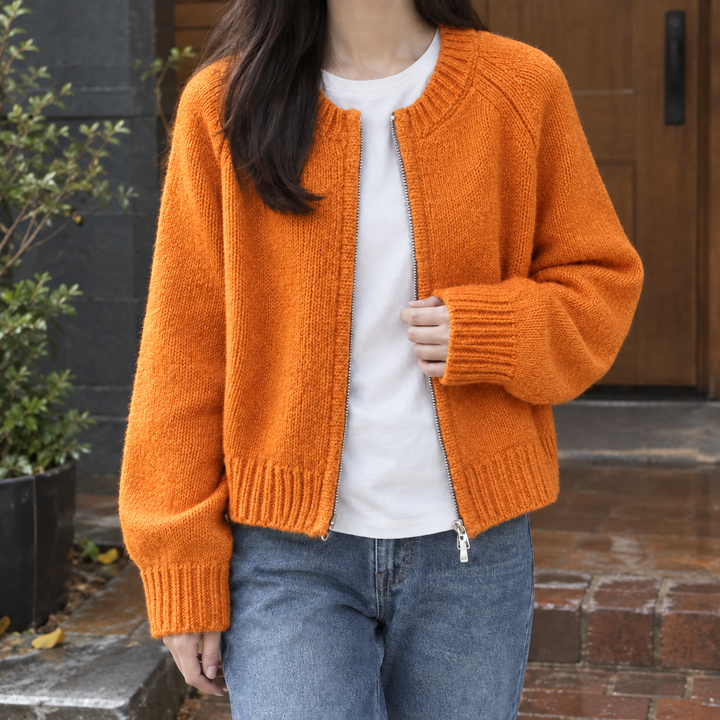 Women's Cropped Chunky Knit Zip-Up Cardigan – Sioned – Orange – front view