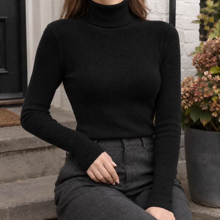 Madge - Women's ribbed roll neck jumper in Black – alternate view