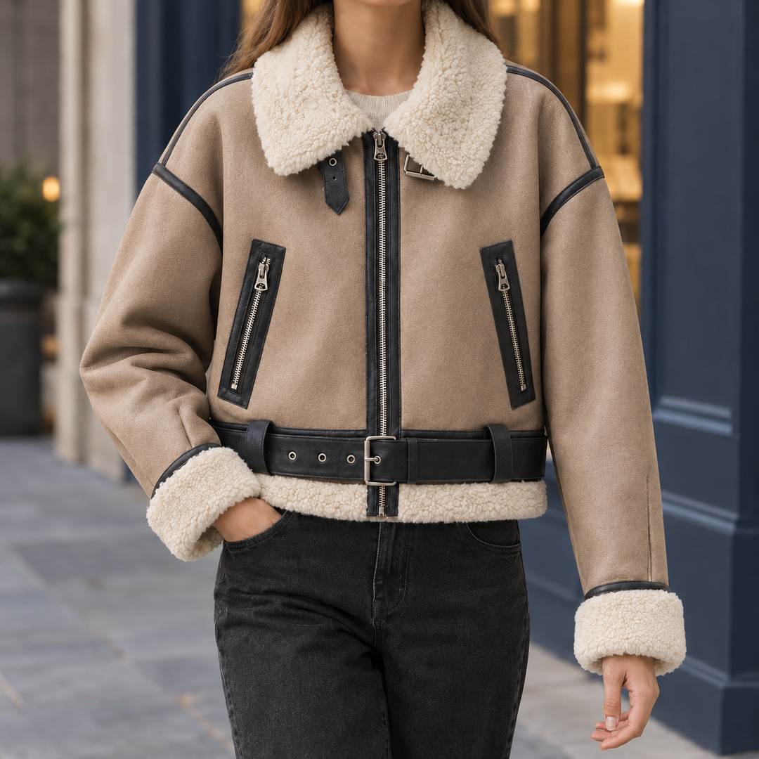 Caldbeck women's leather-look aviator jacket in Stone – front view