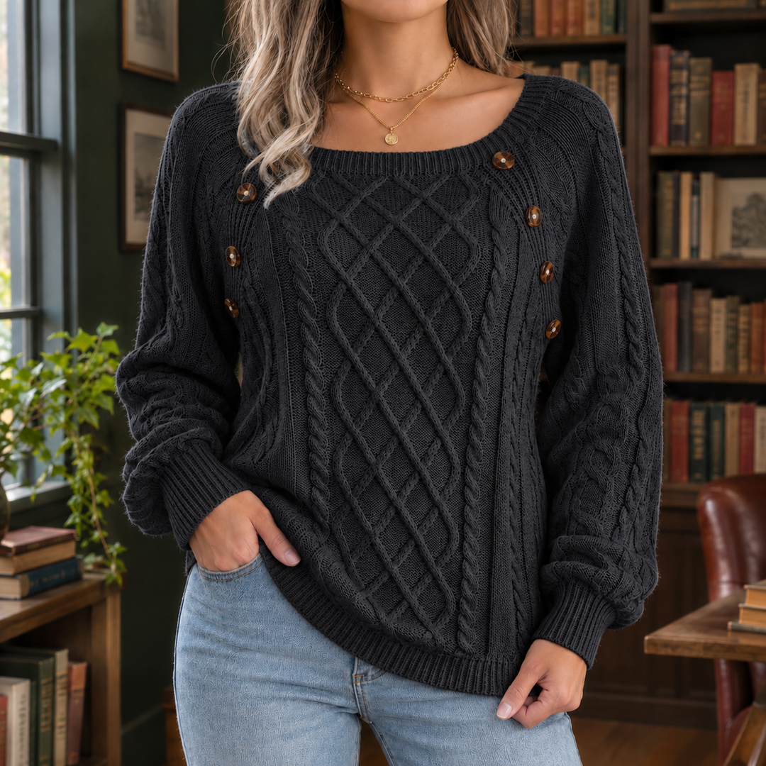 Women's Cable Knit Square Neck Jumper with Button Detail – Gwendolen – Black – front view