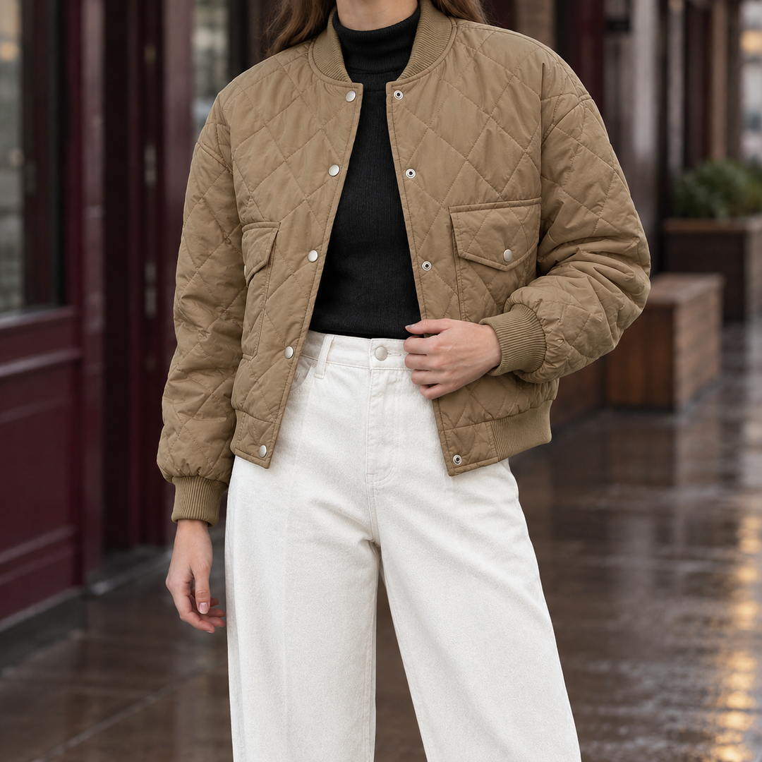 Charlbury women's quilted bomber jacket in Camel – front view