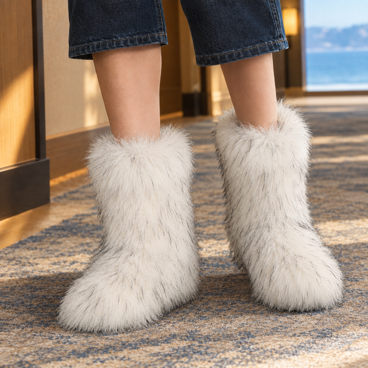 Buttermere women's fluffy plush mid-calf boots in White – front view