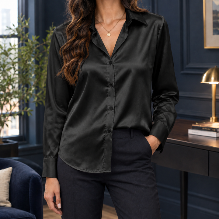 Women's Classic Satin Button-Up Blouse for Work & Evening Lisandra – Black – front