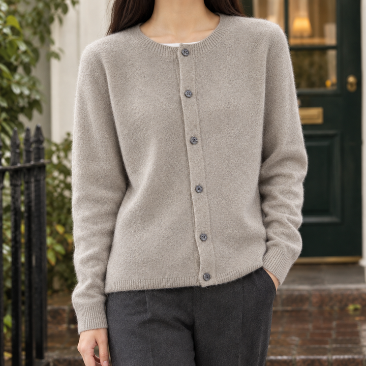 Women's Wool Crew Neck Button-Through Cardigan – Gwenllian – Light Grey – front view