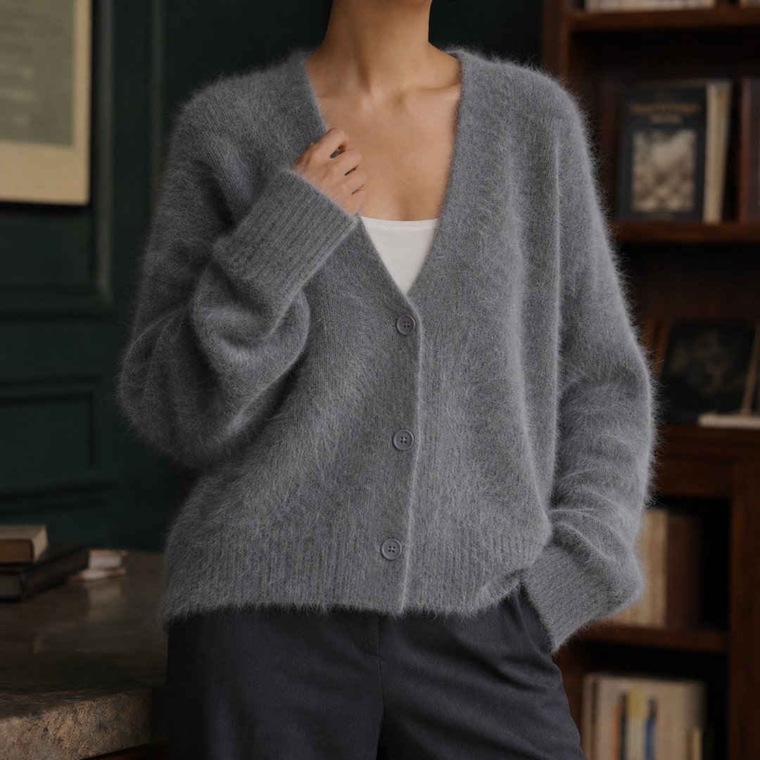 Women's fluffy V-neck cardigan Carrie in Dark Grey – front view