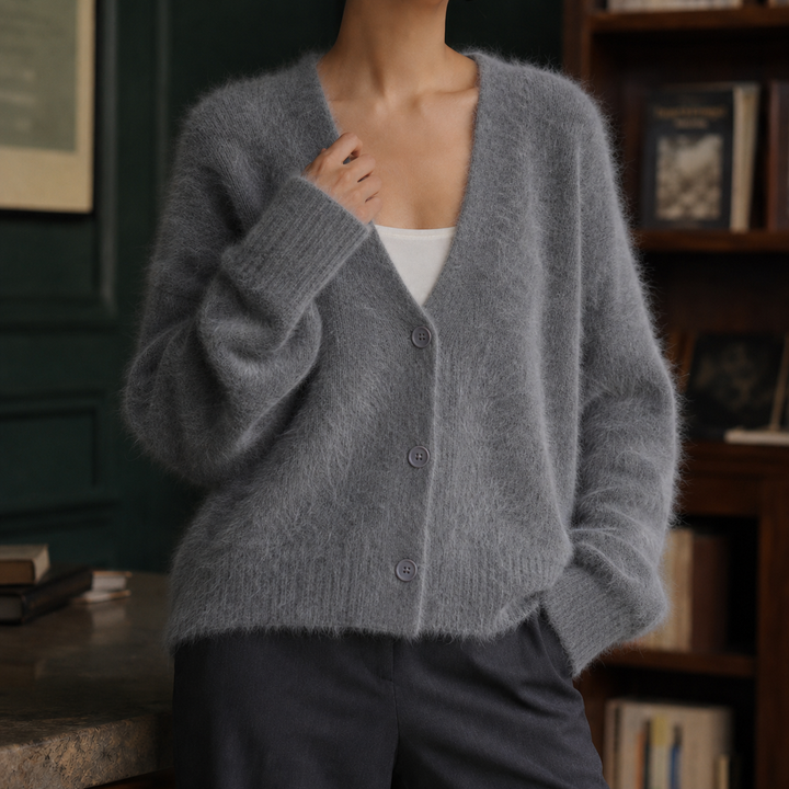 Women's fluffy V-neck cardigan Carrie in Dark Grey – front view