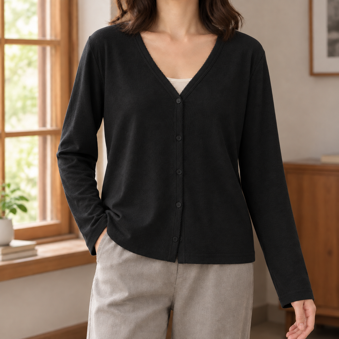 Women's Lightweight V-Neck Button-Through Cardigan – Sidony – Black – front view