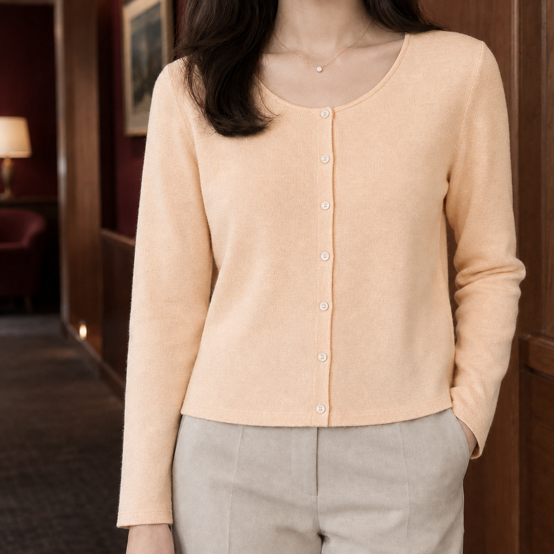 Women's Fine Knit Scoop Neck Button-Through Cardigan – Morvoren – Peach – front view