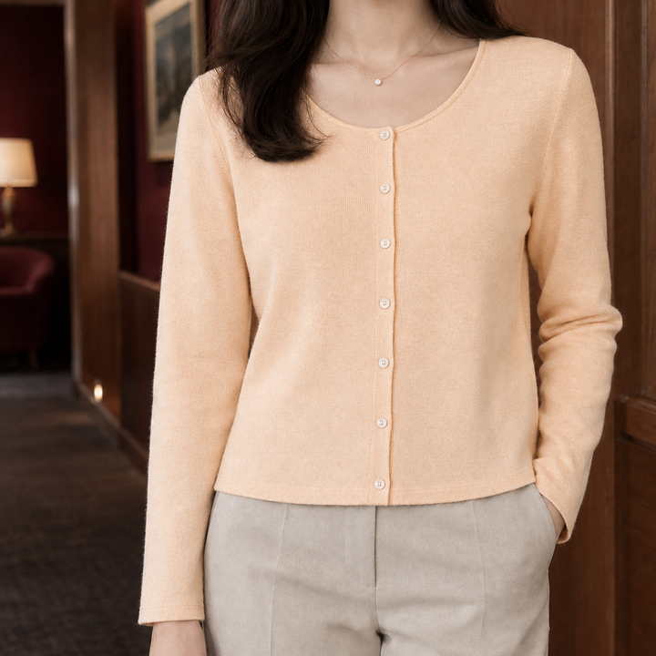 Women's Fine Knit Scoop Neck Button-Through Cardigan – Morvoren – Peach – front view