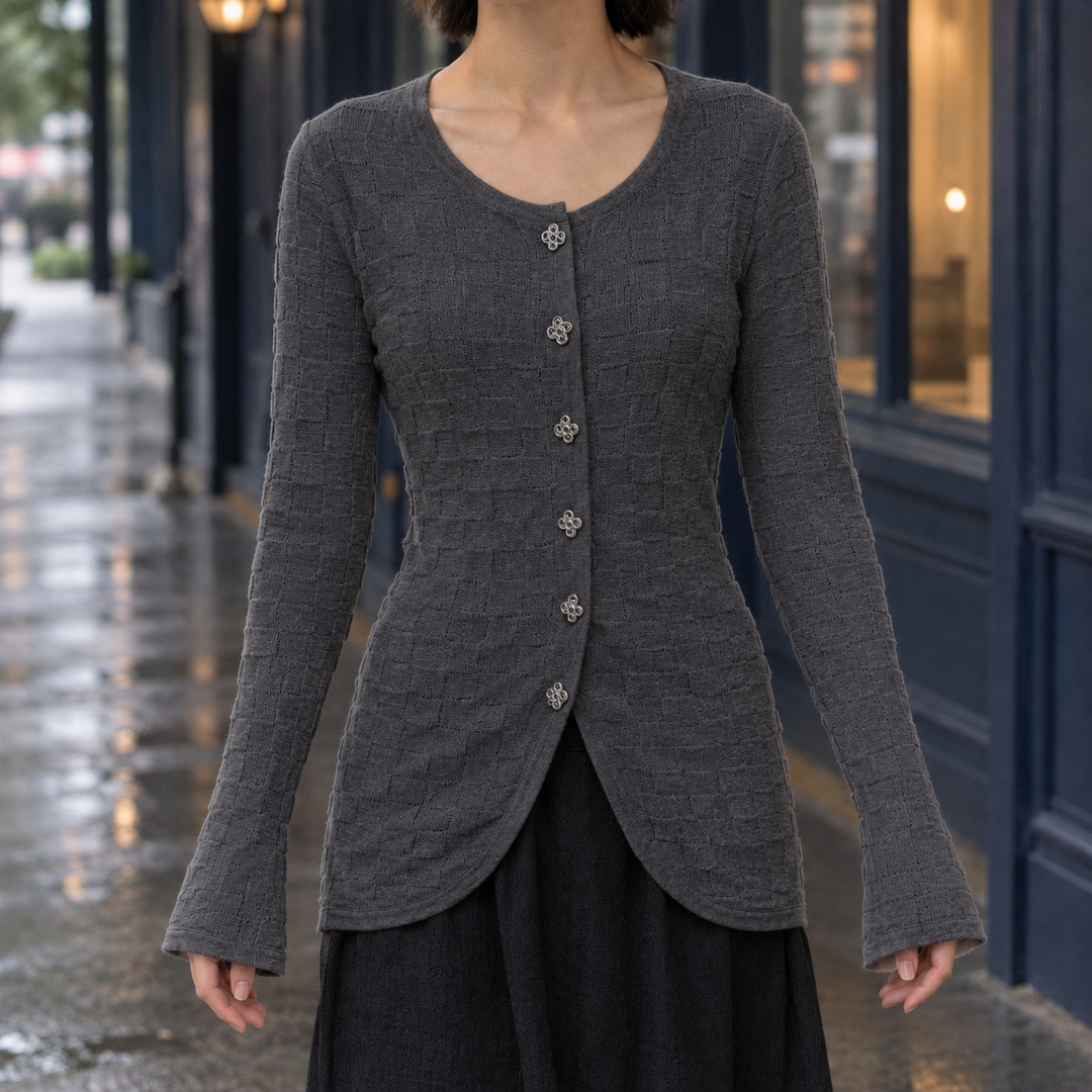 Women's Textured Button-Through Cardigan with Flared Sleeves – Eira – Charcoal – front view