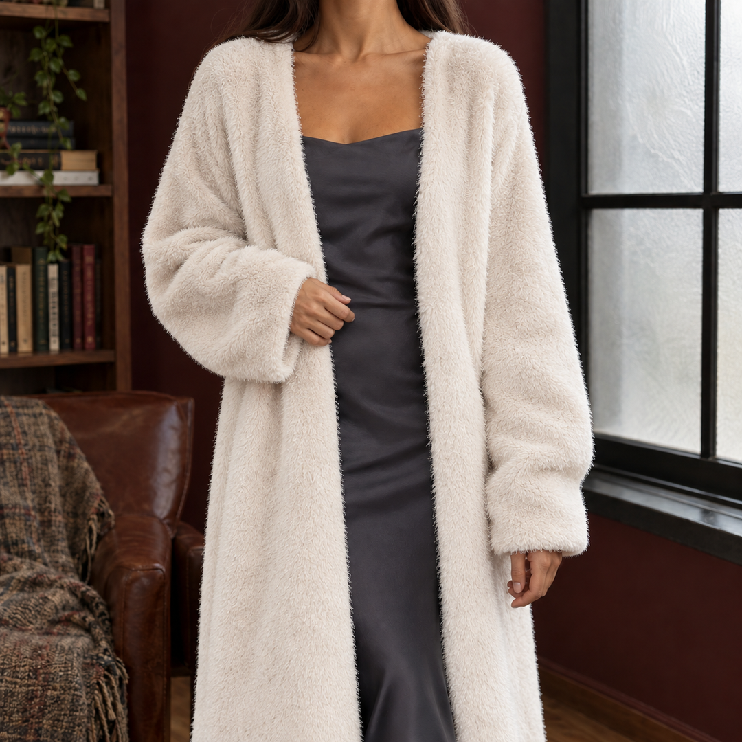 Women's Plush Longline Open-Front Cardigan – Allegra – Cream – front view