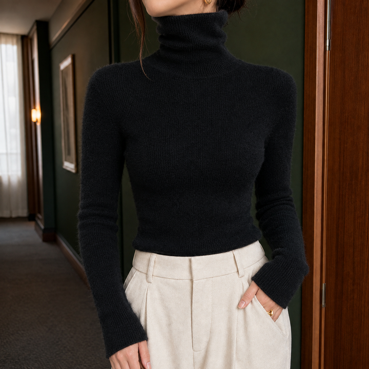 Women's Slim Fit Fine Ribbed Roll Neck Jumper – Sigrid – Black – front view