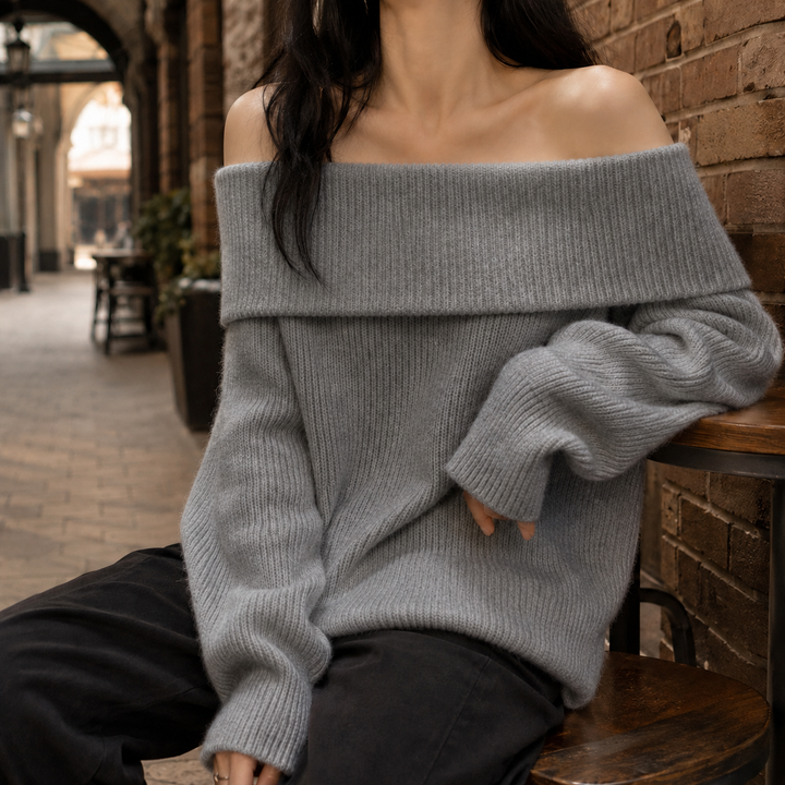 Dorothy - Women's off-shoulder jumper in Grey – front view