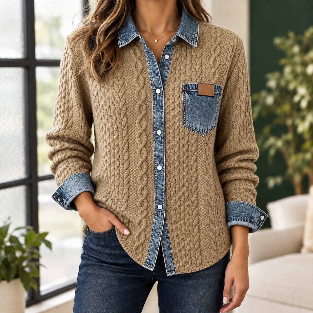 Women's Cable Knit Shacket with Denim Trim Sunniva – Camel – front