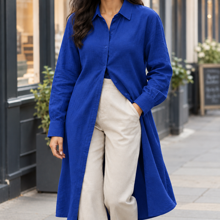 Women's Longline Midi Button-Up Shirt Idalia – Royal Blue – front