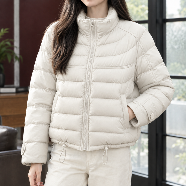 Montrose women's cropped puffer jacket in Ivory – front view