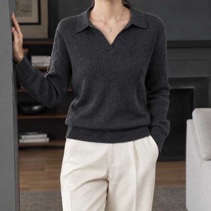 Women's Ribbed Knit Polo Collar Jumper – Janet – Dark Grey – front view