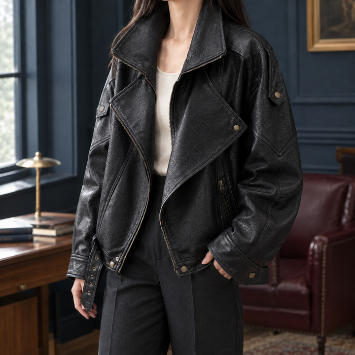 Lyndhurst women's leather-look biker jacket in Black – front view