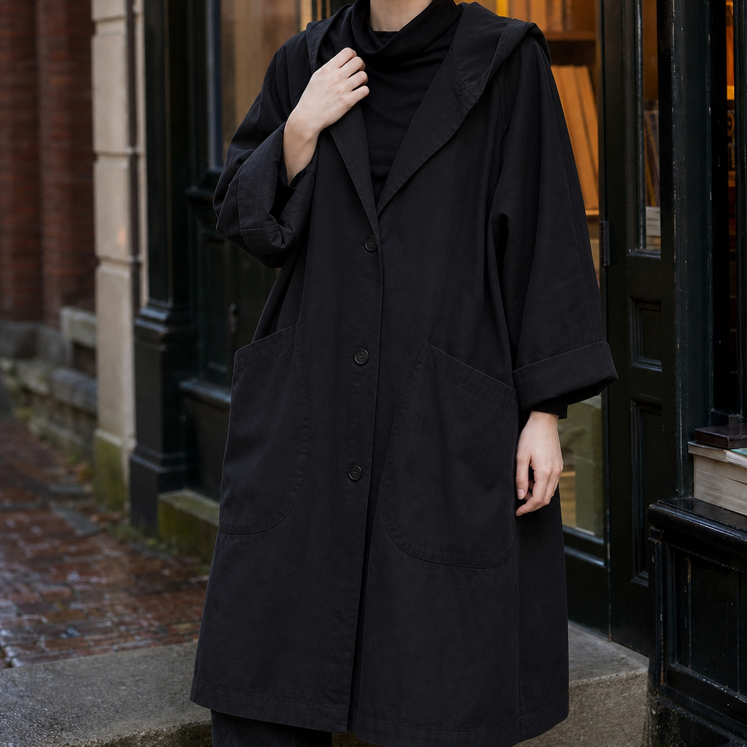 Camberley women's hooded longline coat in Black – front view