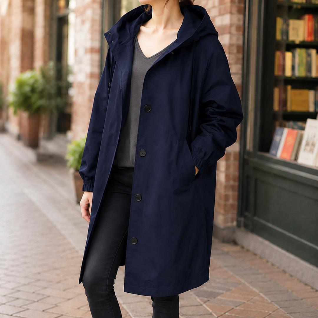 Lewes women's hooded overcoat in Navy – front view