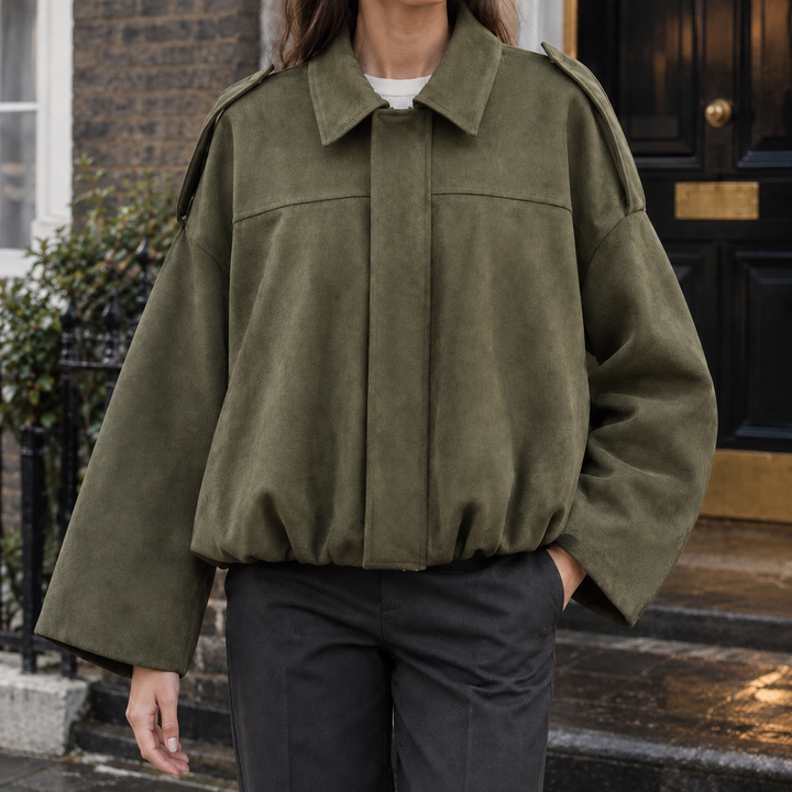 Lynton - Women's suede-effect bomber jacket in Khaki Green – front view