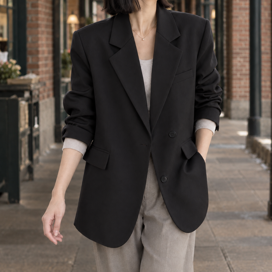 Women's Oversized Boyfriend Blazer with Broad Lapels – Leyburn – Black – front view