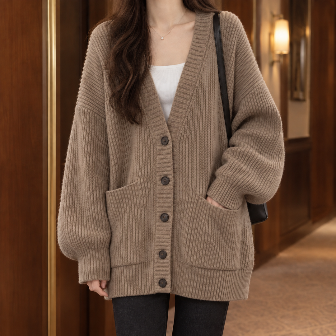 Morag - Women's ribbed cardigan in Taupe – front view