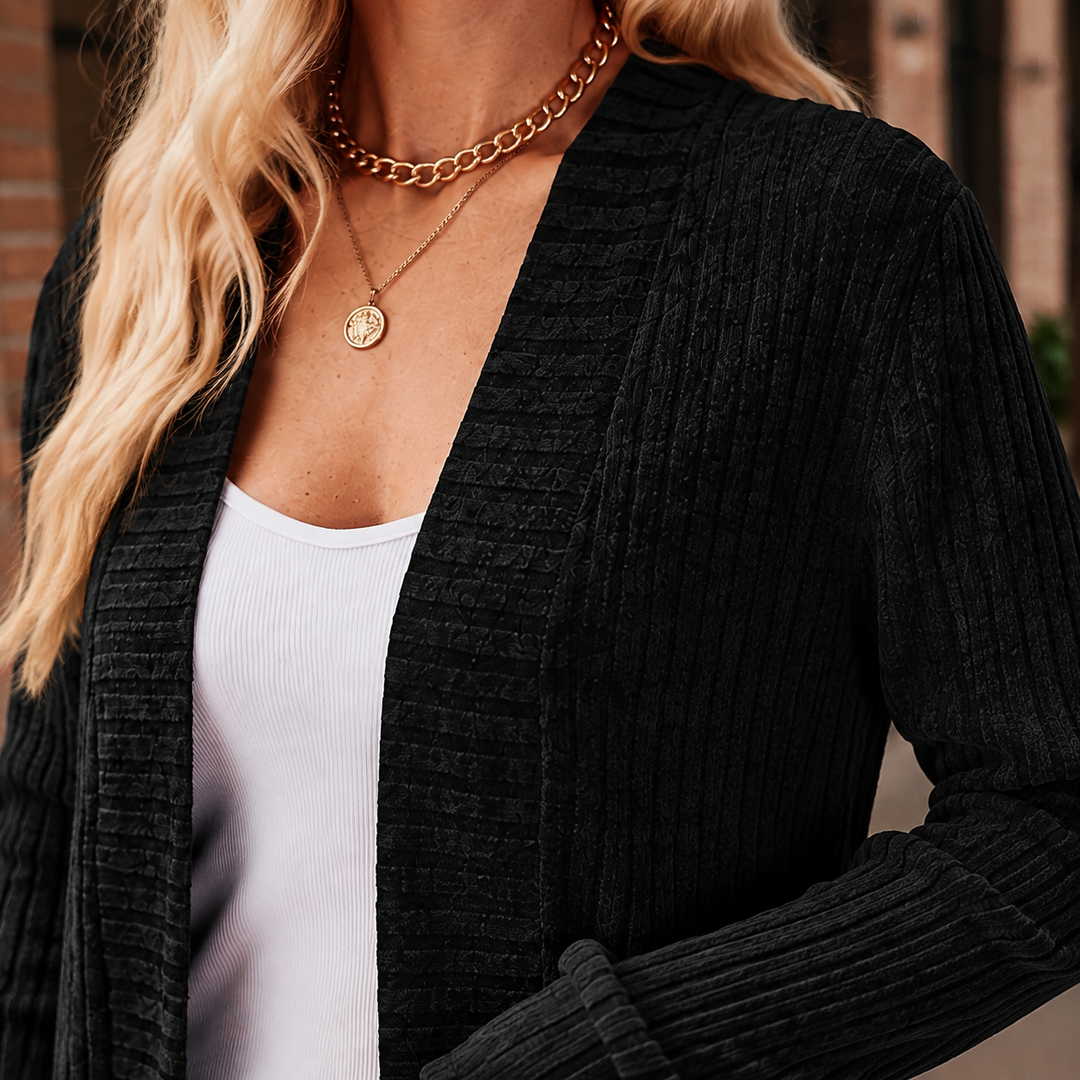 Women's Ribbed Open-Front Cardigan with Pockets – Angharad – Black – close-up