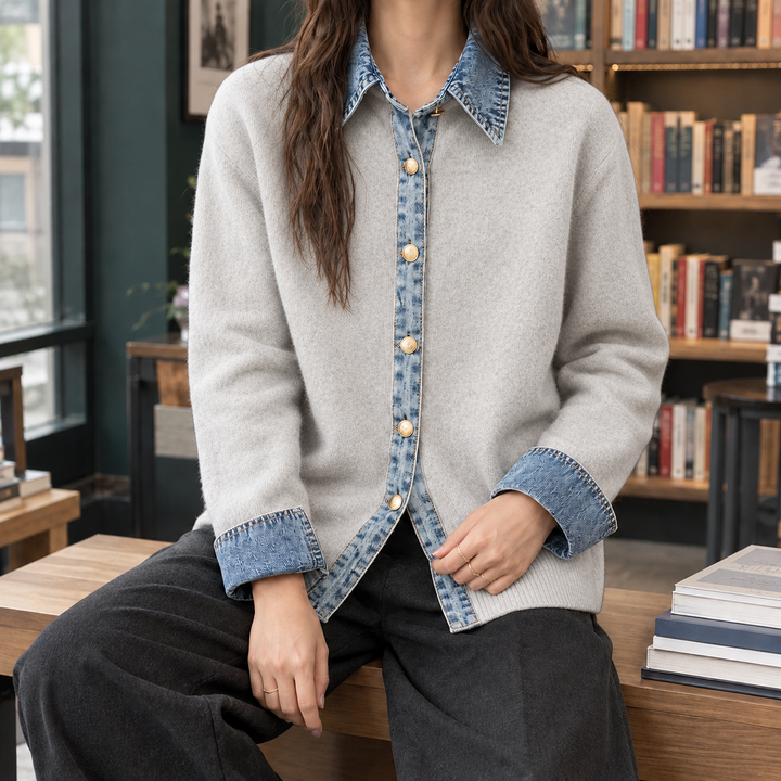 Women's Denim Trim Collared Button-Through Cardigan – Elinor – Light Grey – front view
