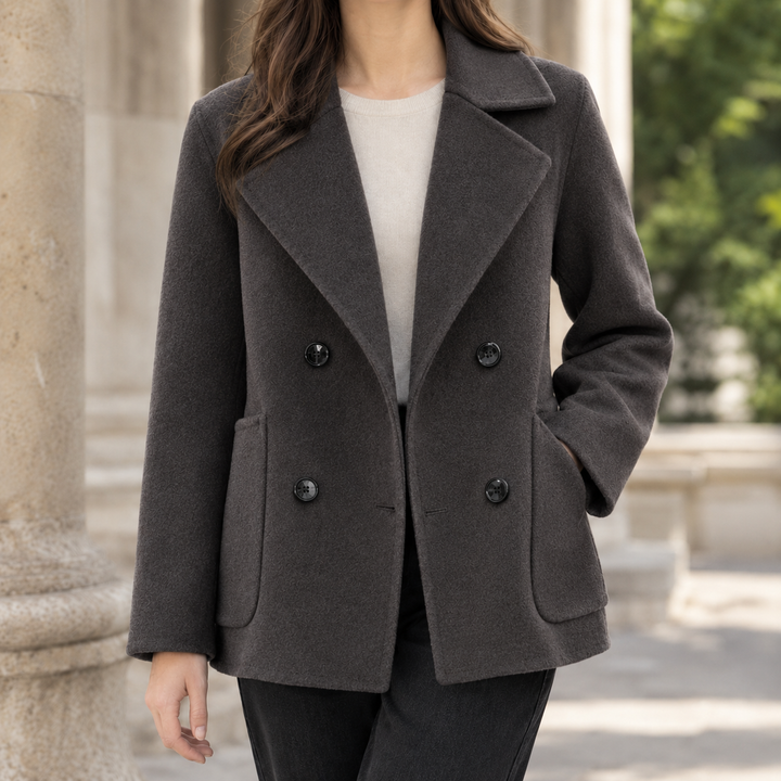 Penzance women's short pea jacket in Dark Grey – front view
